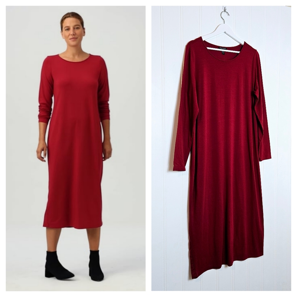 Eileen Fisher Red Stretch Jersey Knit Dress L Slim Fit Long Sleeve Midi